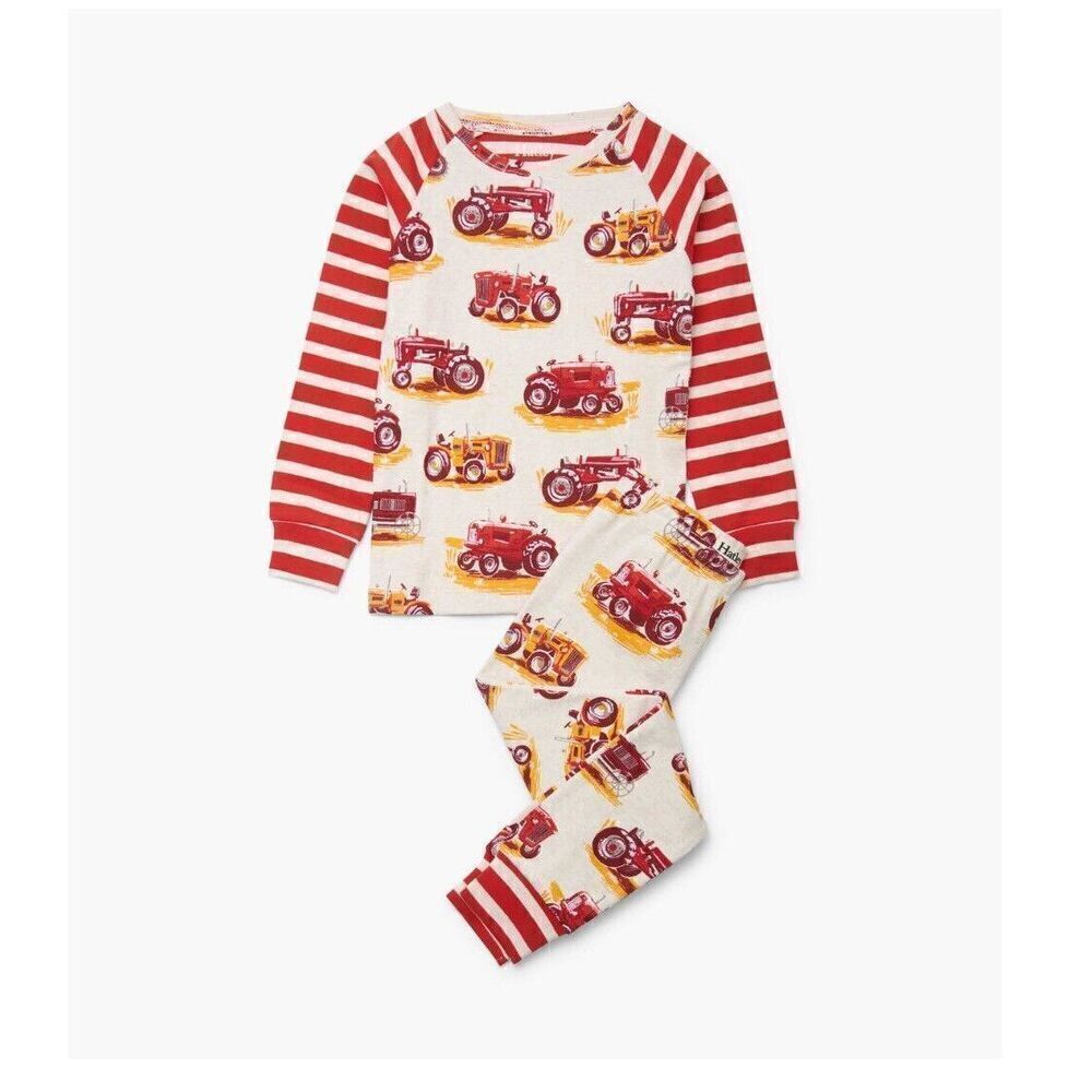 Hatley Kids Size 10 Organic Cotton Tractor Print Pajama Set Red Cream Snug Fit